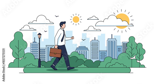 A young professional businessman in a shirt and tie walks through a city park with his briefcase on a bright and sunny day.