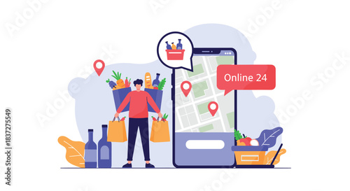 Man uses a mobile app for a 24-hour online grocery delivery service with map tracking to conveniently order food and drinks.