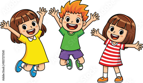 Happy jumping kids cartoon vector illustration with cheerful children characters celebrating fun and friendship