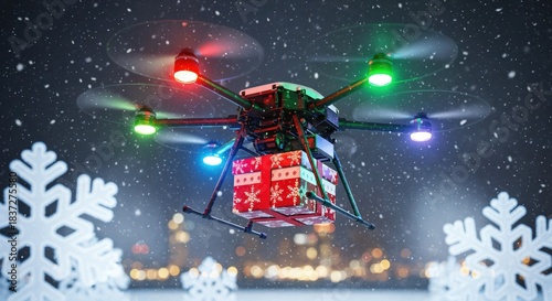 A festive drone equipped with colorful lights delivers a gift-wrapped present in a snowy winter scene, creating a magical holiday atmosphere amidst gentle snowfall.