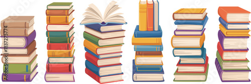 Cartoon book stack illustration, colorful library shelves, open book, educational design, reading concept, knowledge icons, school resources