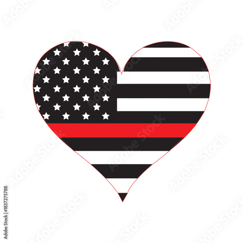 Heart-shaped American flag design with black and white stripes and bold red line honoring firefighters and first responders in patriotic tribute art