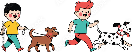 Happy kids walking dogs cartoon vector illustration with children playing outdoors and enjoying pets companionship