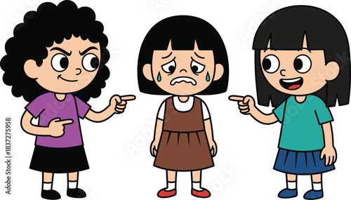 Kids bullying cartoon vector illustration showing sad child being teased by classmates in school situation