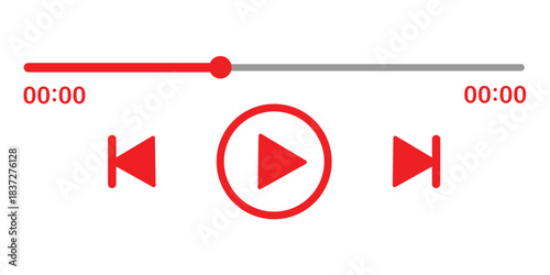 Audio or video player progress loading bar with time slider, play, rewind buttons. Simple template of media device playback panel interface. Minimalist web display. White light theme