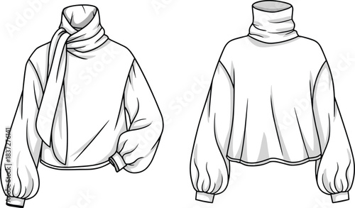 Elegant long-sleeve blouse fashion flat sketch featuring high neckline variations, draped scarf detail, gathered sleeves, and clean front and back technical illustration for apparel design.