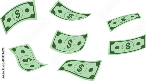 Floating dollar bills, cartoon money, finance illustration, green currency design, animated cash, economic concept, stylized banknotes, financial icons