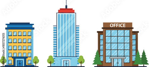 Modern city office building vector set with business towers corporate architecture flat illustration design