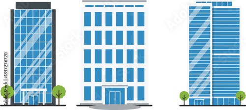 Modern corporate office building vector set with glass skyscrapers and urban commercial architecture flat design