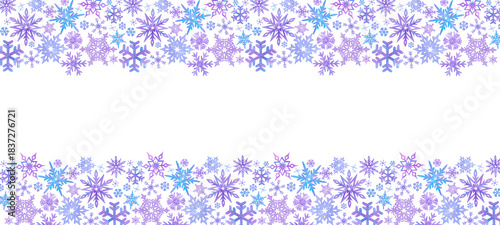 Hand drawn watercolor lilac and blue snowflakes with confetti banner frame border. Winter Illustration isolated on white background. Can be used for banner, invitation and other printed products