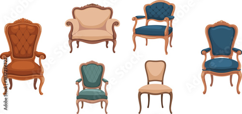 Vintage chair collection, classic furniture, tufted armchairs, upholstered seating, antique decor, elegant interior design, retro style chairs, home furnishing icons