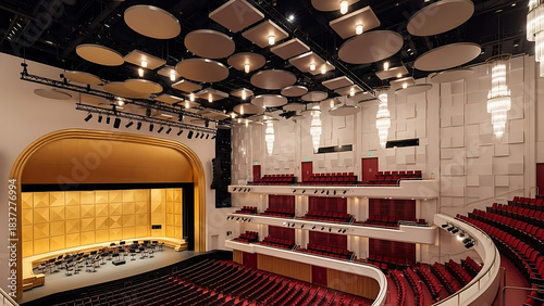 Exquisite interior of a modern concert hall featuring tiered red seating, a large performance stage, and sophisticated acoustic design, ready for a grand orchestral performance or theatrical event