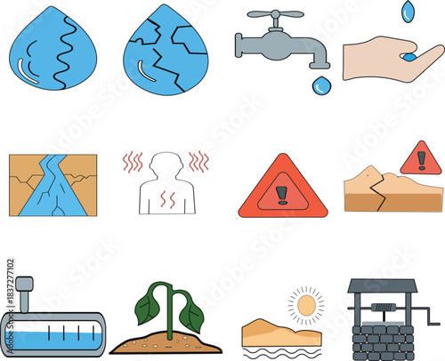 A flat vector icon pack illustrating water scarcity, drought, dehydration, empty tanks, dry faucets, wilting plants, and climate crisis symbols.