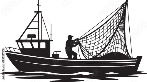 Fishing boat with fisherman hauling net silhouette vector illustration