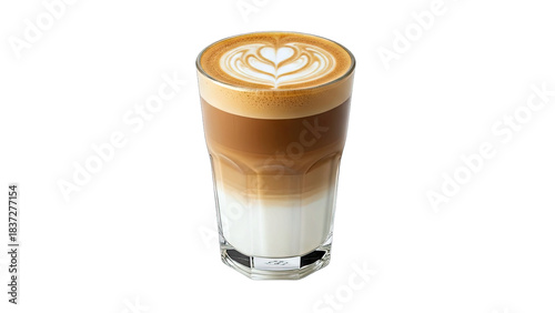 Latte Art Coffee Drink in Glass on White Background