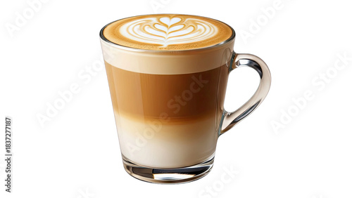Latte Coffee with Latte Art in Glass Mug, Isolated