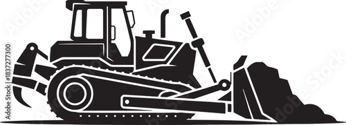 Silhouette of bulldozer with ripper on construction site Keywords: bulldozer, construction, heavy