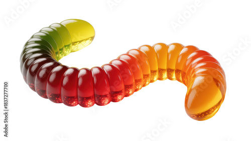 Vibrant multicolored gummy worm candy isolated on transparent background