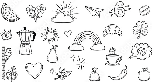 Hand drawn doodle icons collection with food flowers nature and symbols