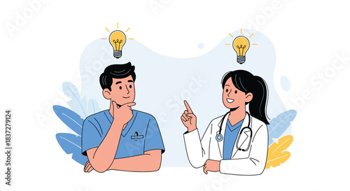 Two medical professionals, a man and a woman, having an idea and discussing, symbolized by lightbulbs.