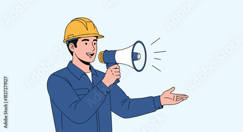 Construction worker with a megaphone announcing something important on a construction site.