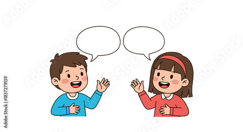 Two cartoon children, a boy and a girl, are talking to each other with speech bubbles above their heads.