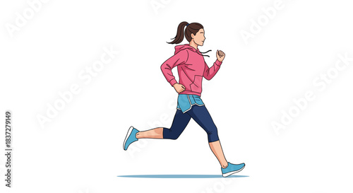 A woman in athletic wear running on a white background.