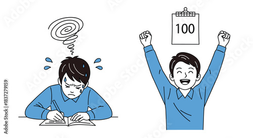 Student struggling with studies then celebrating a perfect score on a test.