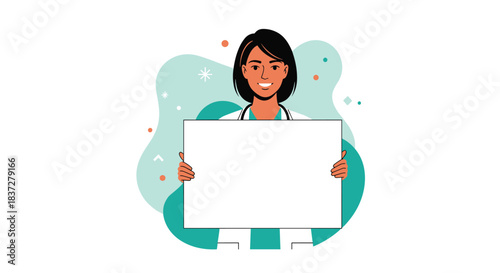 A smiling doctor holds a blank white sign in front of abstract shapes and stars.