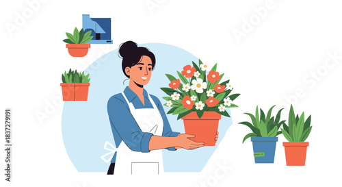Smiling woman holding a pot of flowers, surrounded by other potted plants and a shelf with plants.
