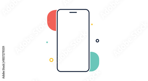 Stylized illustration of a smartphone with colorful abstract shapes and dots surrounding it.