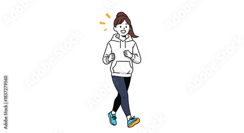 A young woman with her hair in a ponytail runs in a white hoodie and dark leggings, smiling with excitement.