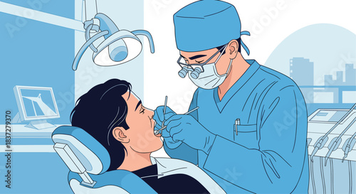 Dentist examining a patient's teeth with tools in a modern clinic.