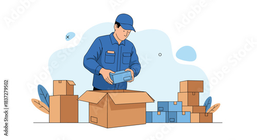 Delivery person in a blue uniform packing boxes with care for shipping and logistics.