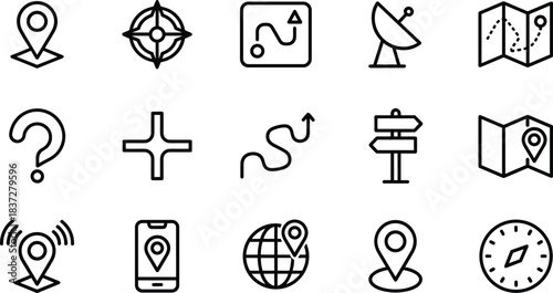 Navigation and location line icons collection including map pin, GPS, compass, route direction, destination tracking, mobile navigation and satellite signal symbols