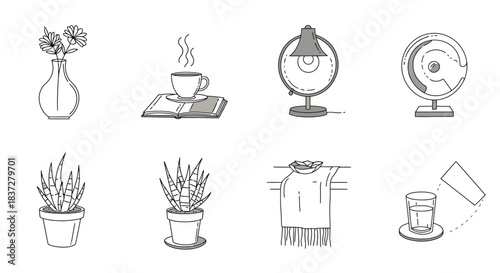 minimalist line art icons of household items and plants ideal for interior design home decor and lifestyle graphic resources.