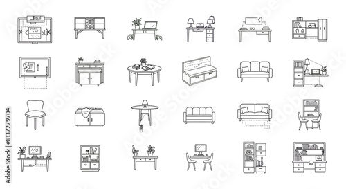 minimalist line art icons of modern home and office furniture including desks chairs sofas tables and storage for design concepts.
