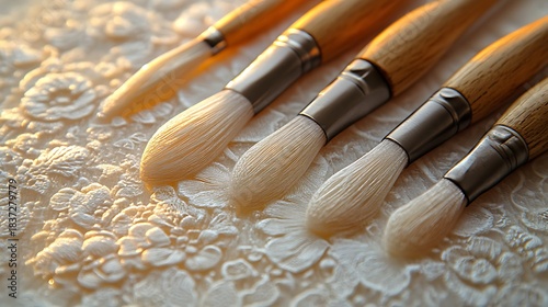 Paintbrushes on a delicate floral textured surface.