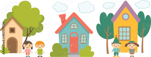 Cute colorful houses with children, trees and clouds illustrated in playful cartoon neighborhood scene for family and community designs