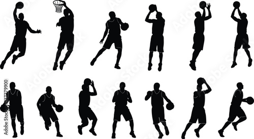 Vector Silhouette Set of Basketball Players Dribbling, Passing, and Shooting the Ball, Illustrating Team Sports Action and Movement.