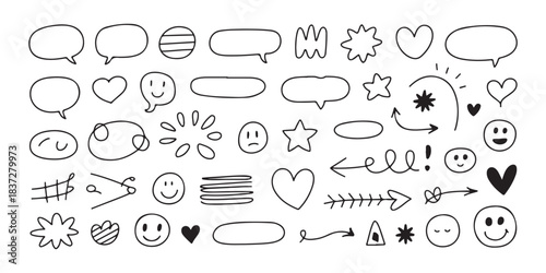 Hand-drawn doodle set of speech bubbles, hearts, arrows, stars, and various expressive faces on white