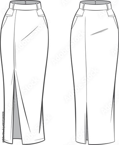 High-waisted maxi skirt fashion flat sketch featuring front slit, tailored waistband, clean seam details, and technical front and back illustration for apparel design.