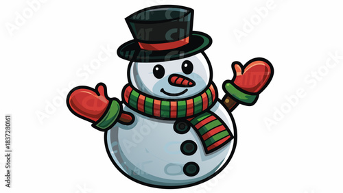 Cheerful cartoon snowman waving happily wearing a festive striped scarf and top hat