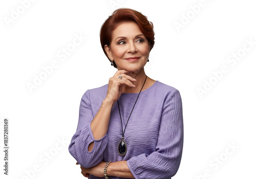 Mature woman with short auburn hair and thoughtful expression.