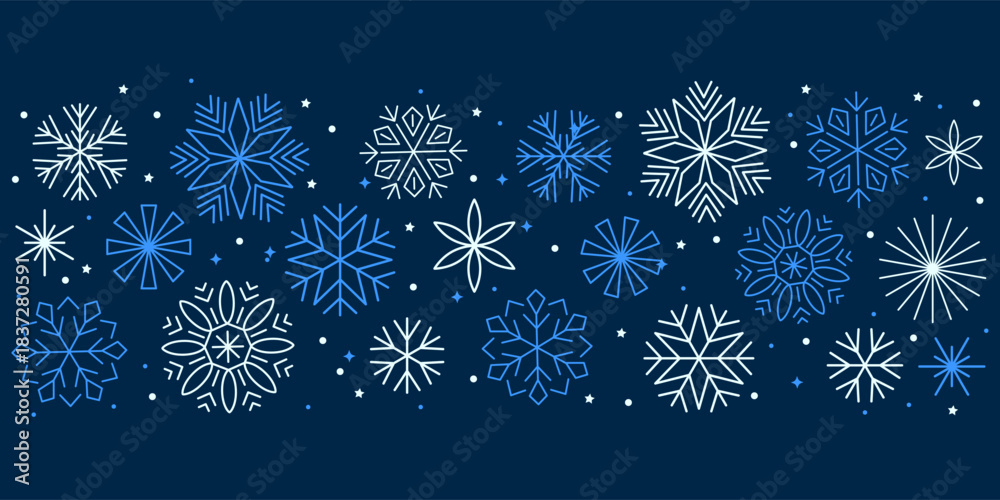 Naklejka premium Christmas background with snowflakes and stars, banner with snowflakes border, pattern for Christmas greetings, New Year holidays design