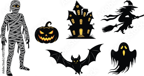 Halloween spooky characters set: mummy, witch, ghost, bat, pumpkin, and house.