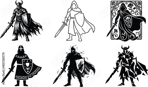 Medieval fantasy knight or warrior holding sword and shield vector set.