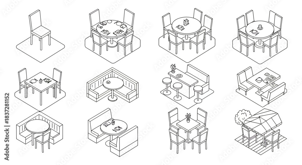 Fototapeta premium restaurant and cafe furniture isometric illustrations depicting diverse dining layouts with tables chairs and booths for hospitality design.