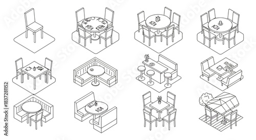 restaurant and cafe furniture isometric illustrations depicting diverse dining layouts with tables chairs and booths for hospitality design.