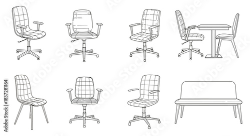 minimalist line art illustrations of modern office chairs dining chairs a table and a bench isolated on white ideal for furniture design concepts.